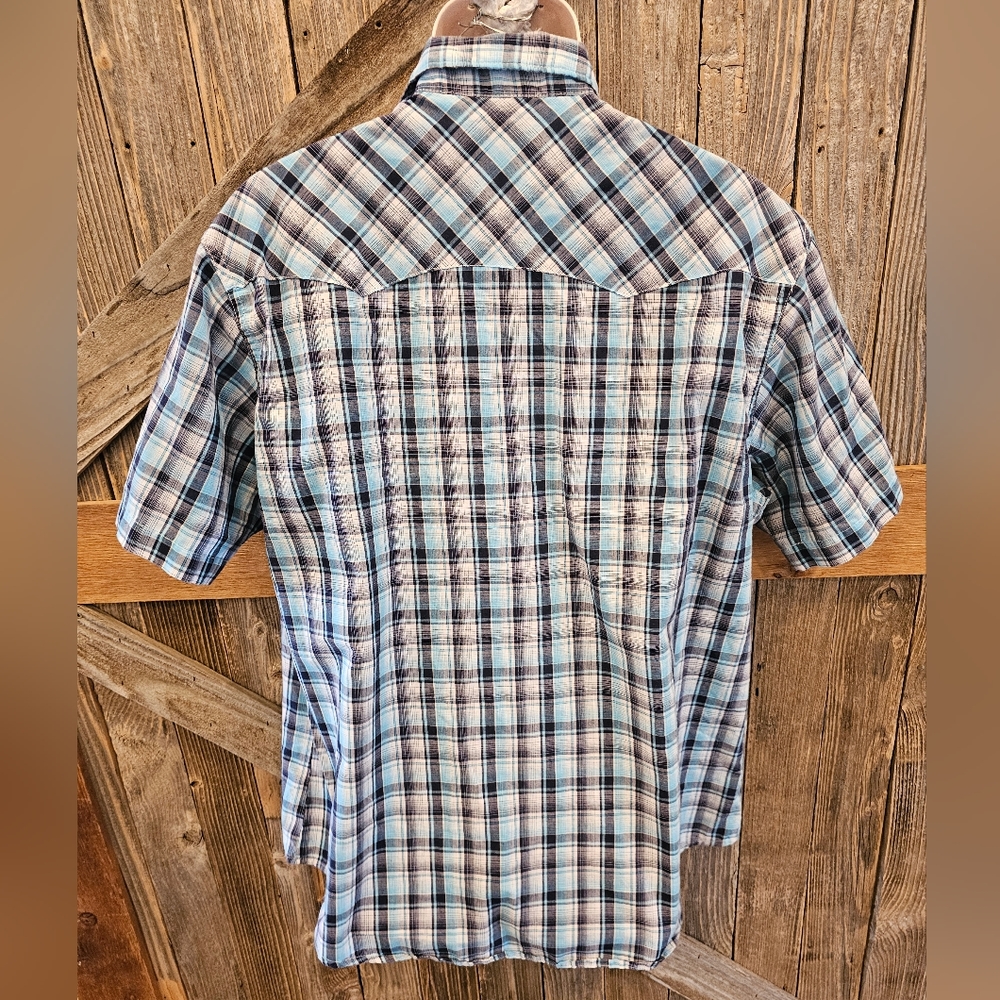 Wrangler Wrancher Pearl Snap Men XL Shirt Short Sleeve Aqua Blue Plaid Western - Picture 4 of 6